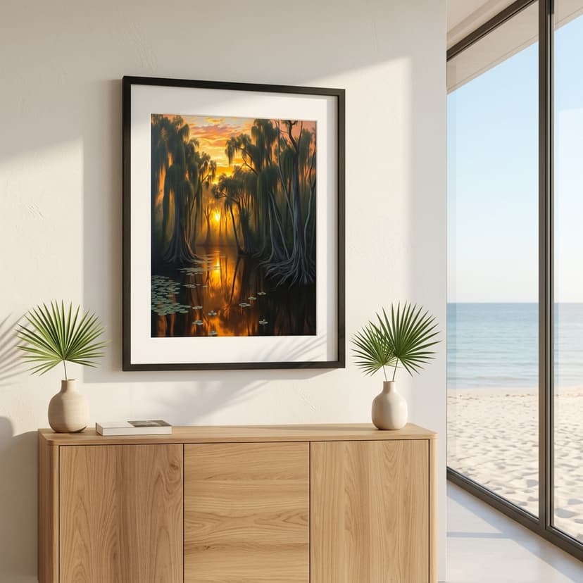 Framed artwork in a beach house setting